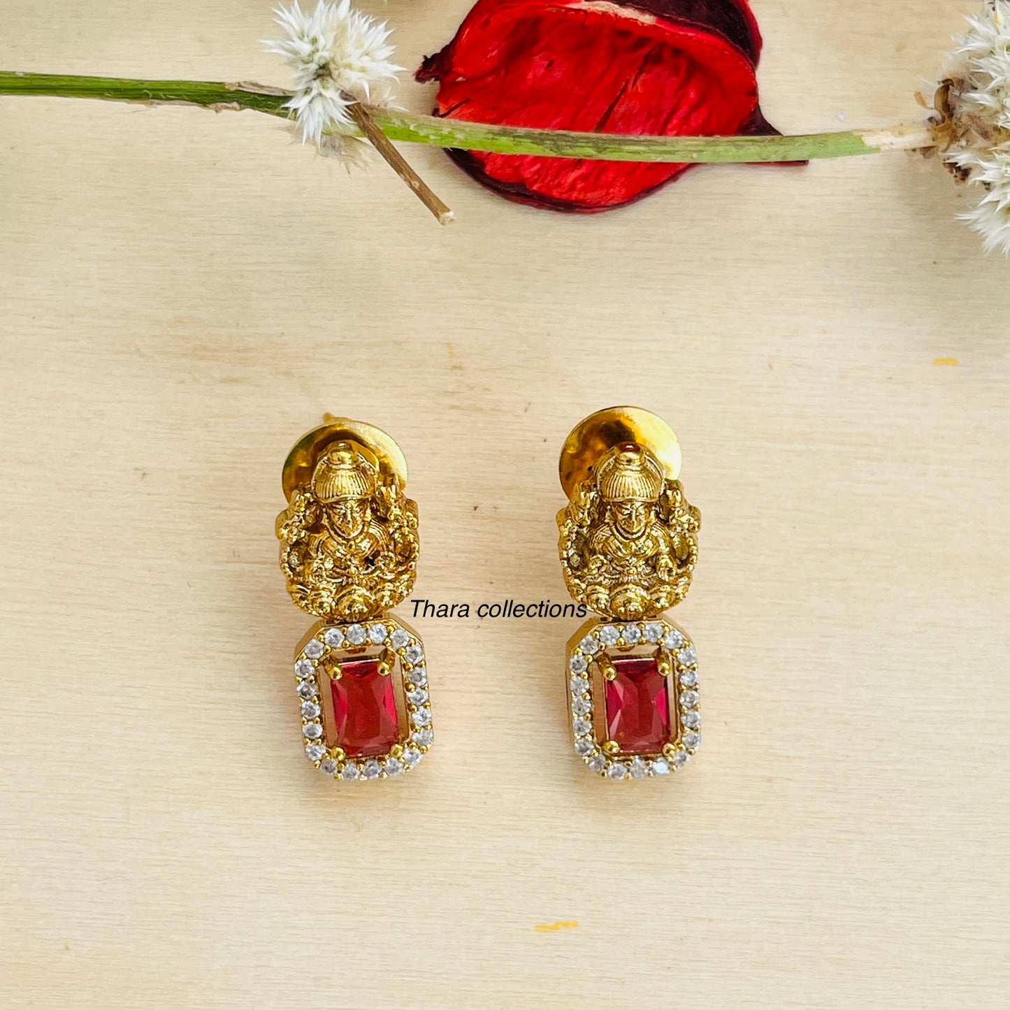 Grand Lakshmi Pendant Temple Necklace Set - Red