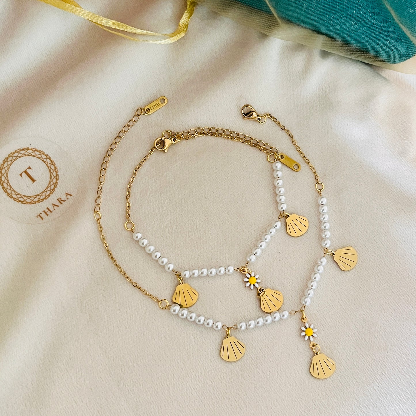 Klitz Premium Pearl Seashell Anklet - Adjustable Size