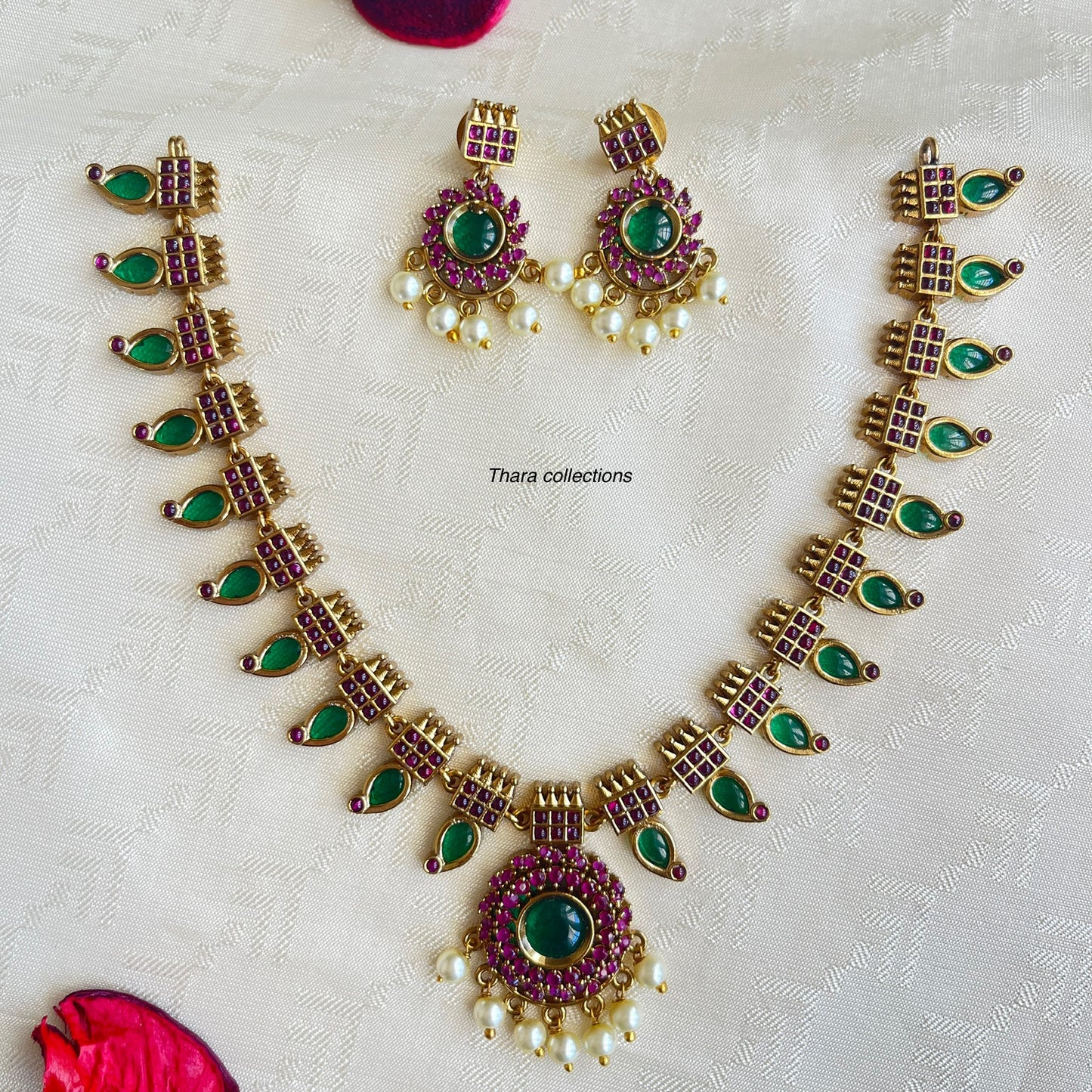 Traditional Kundan & Emerald Semi-Bridal Necklace Set with Pearl Drops
