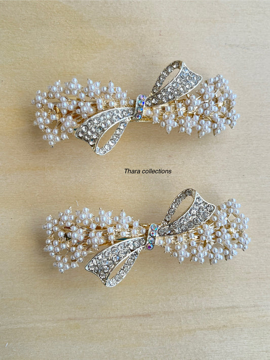 Elegant Pearl Bow Hair Clip – Luxe Crystal Design