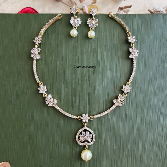 Elegant Pearl Drop CZ Necklace Set – Gold-Plated Floral Design