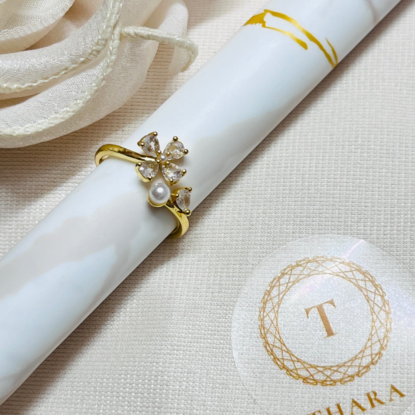 Elegant Floral Pearl Antitarnish Ring