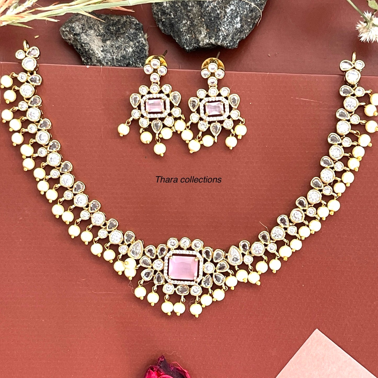 Royal Kundan Pearl Necklace & Earring Set – Blush Pink