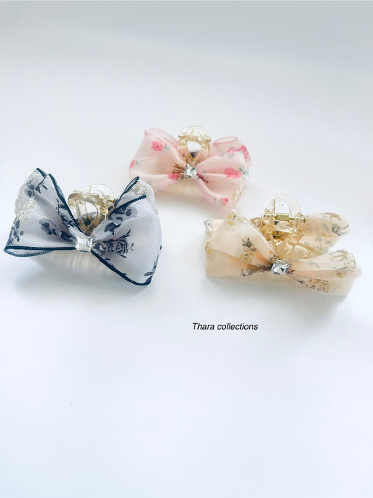 Elegant Floral Bow Hair Claw – Vintage Chiffon Design