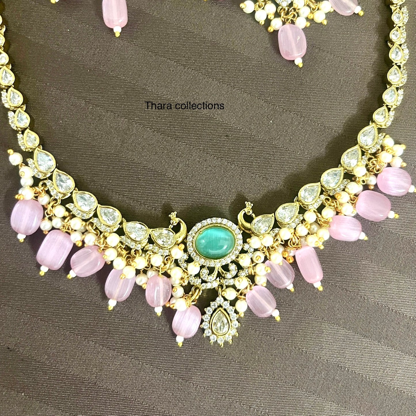 CZ Kundan Choker Set – Aqua & Pink Beads with Pearl Accents