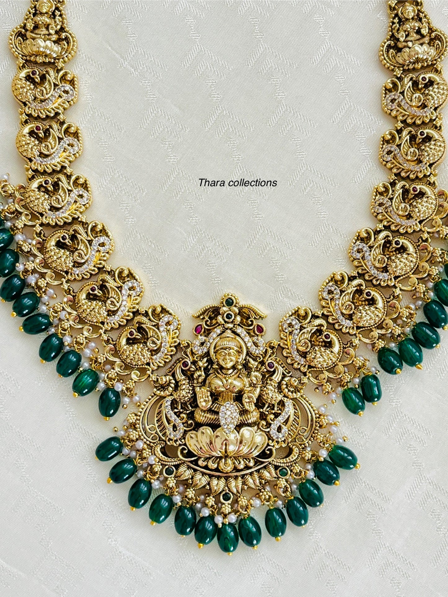 Antique Lakshmi Long Haram with Green Beads