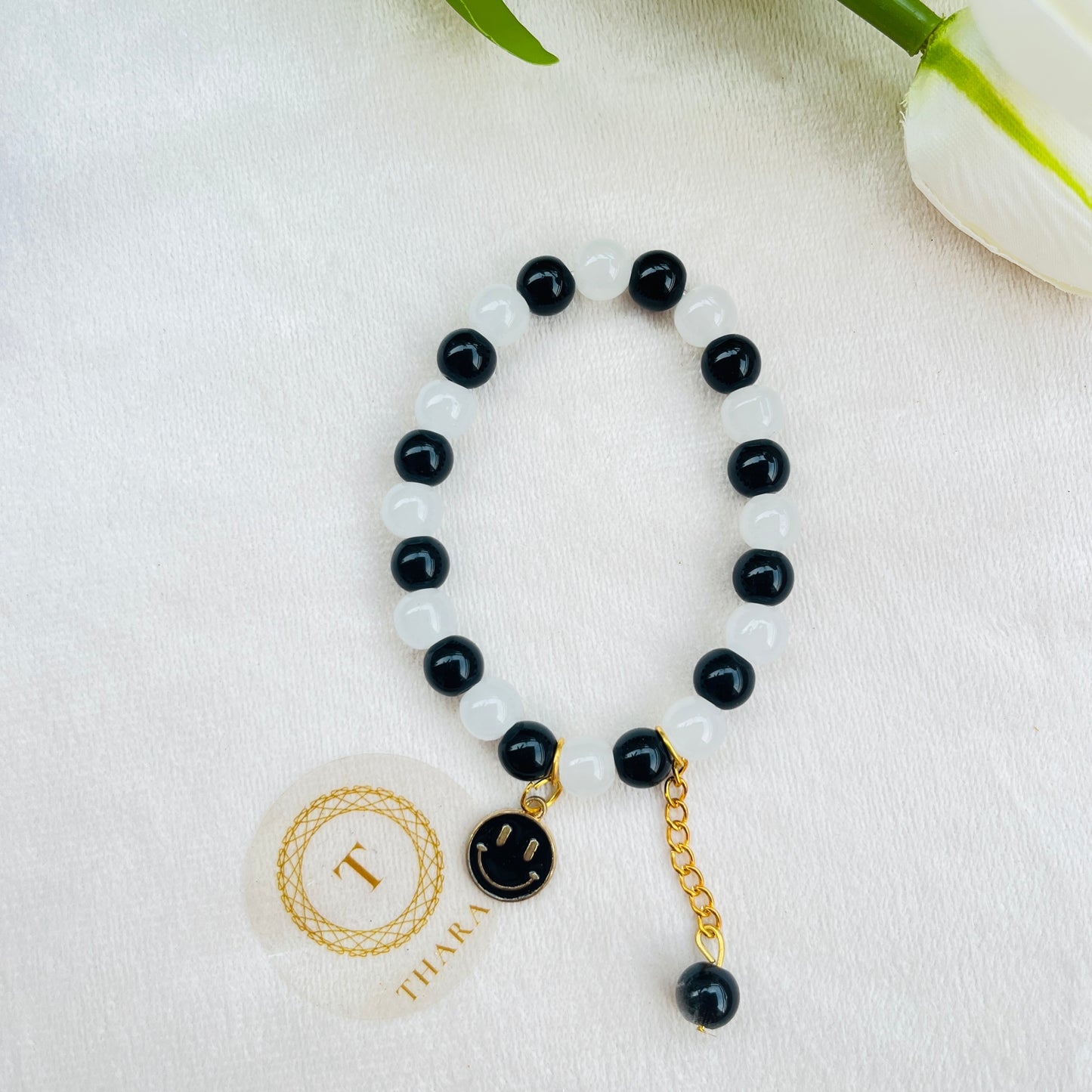 Black Beads -  Smiley Charm Bracelet
