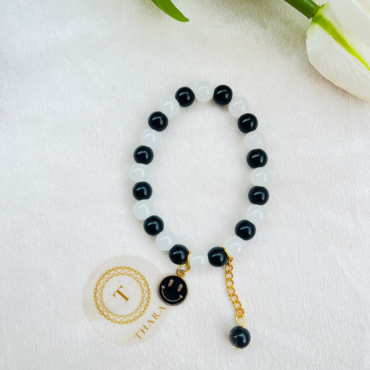 Black Beads -  Smiley Charm Bracelet