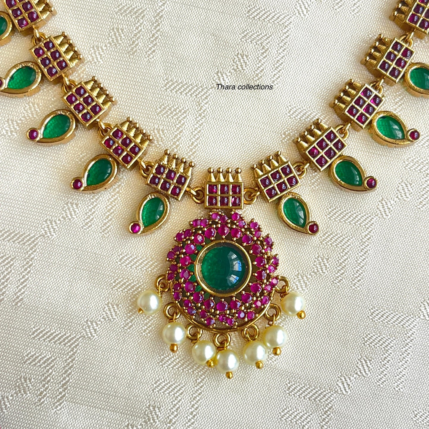 Traditional Kundan & Emerald Semi-Bridal Necklace Set with Pearl Drops