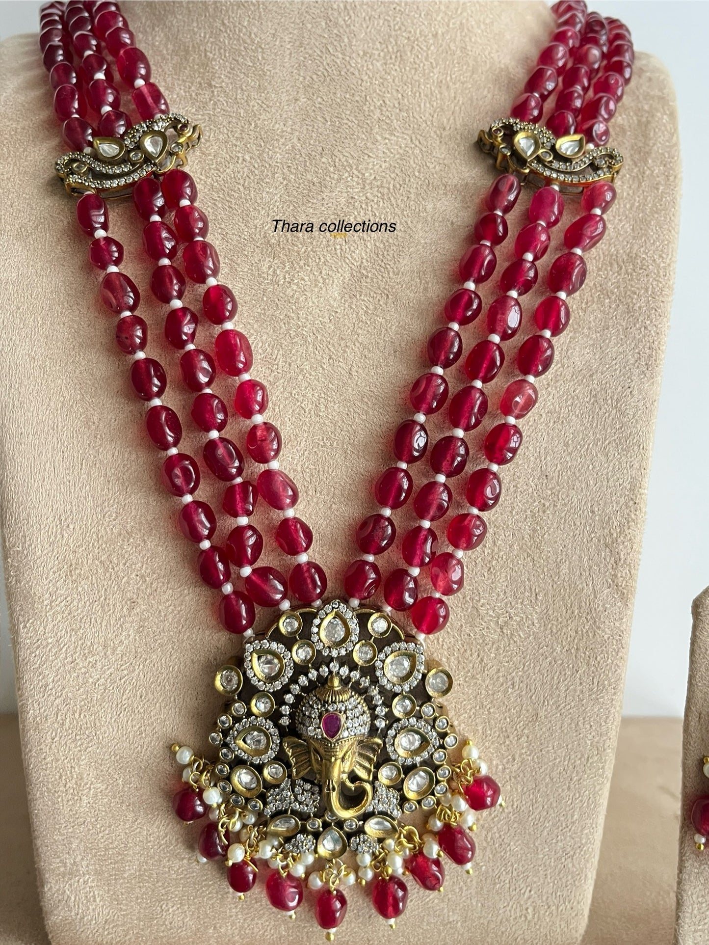 Regal Victorian Ruby Beads Necklace with Ganesha Pendant