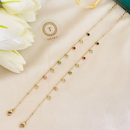 Clover Charm Multicolor Stone Minimal Anklet - Adjustable