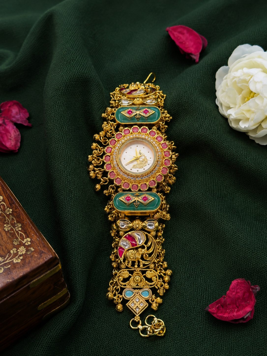 Peacock Motif white dial watch