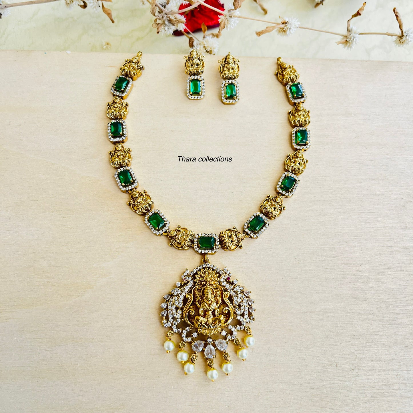 Grand Lakshmi Pendant Necklace set - Green