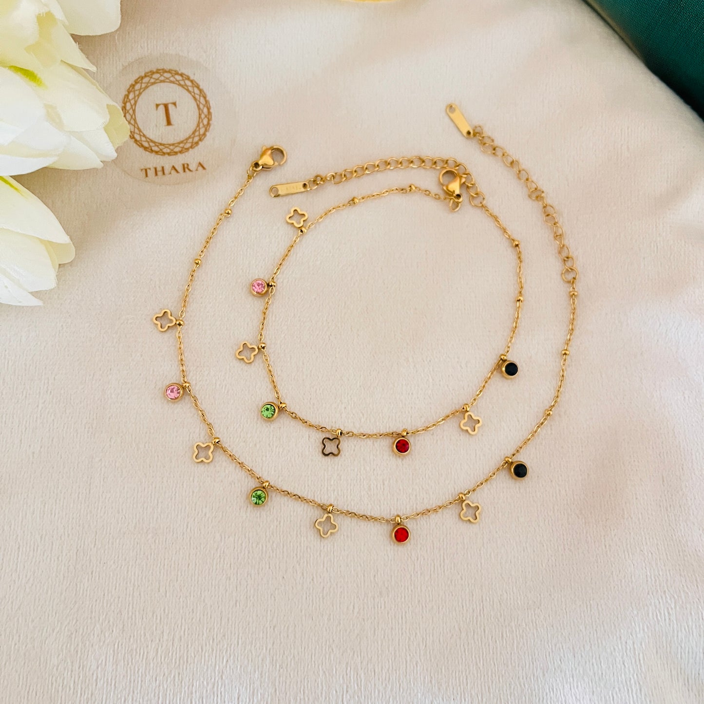 Clover Charm Multicolor Stone Minimal Anklet - Adjustable
