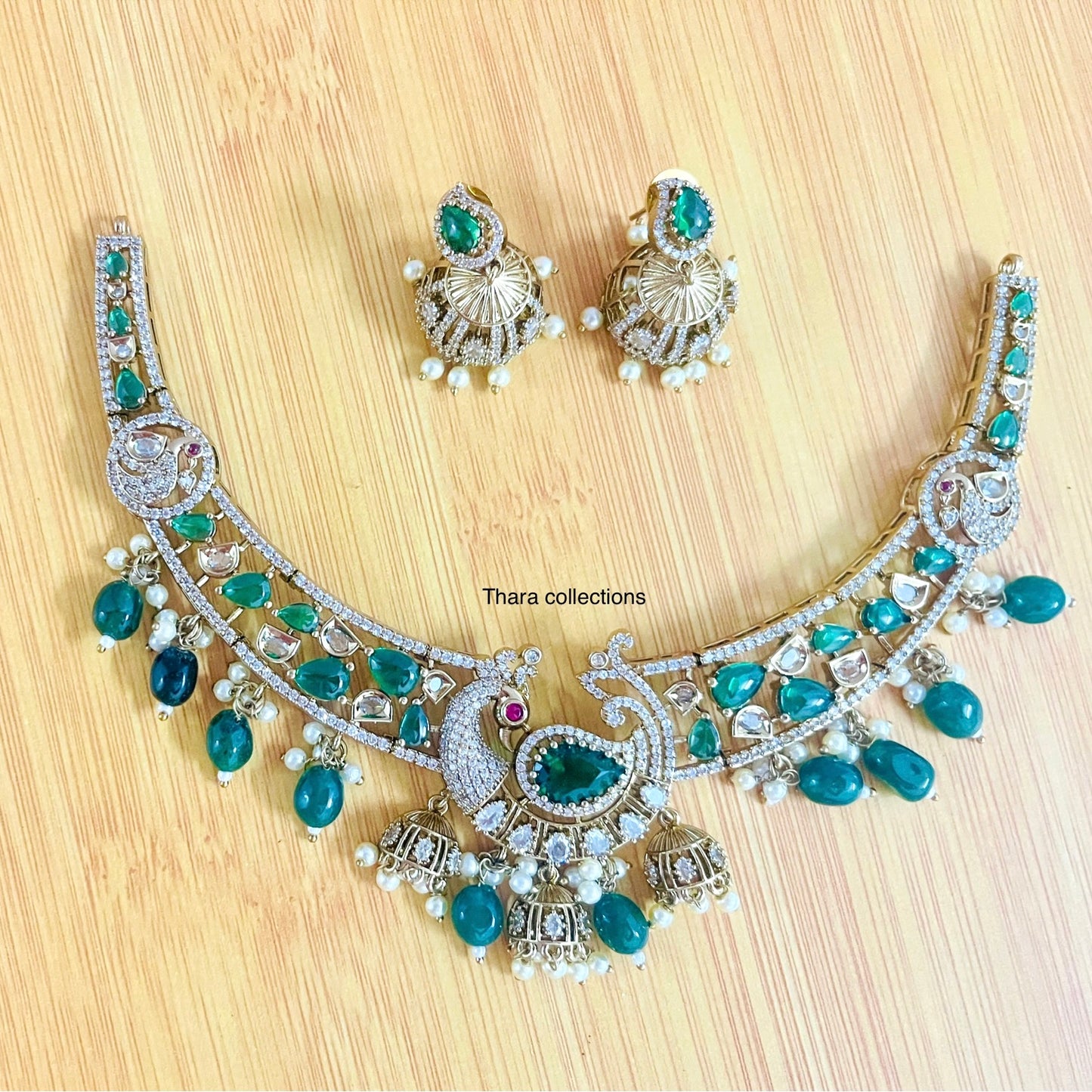 Peacock CZ Kundan Choker Set – Emerald & Pearl Accents