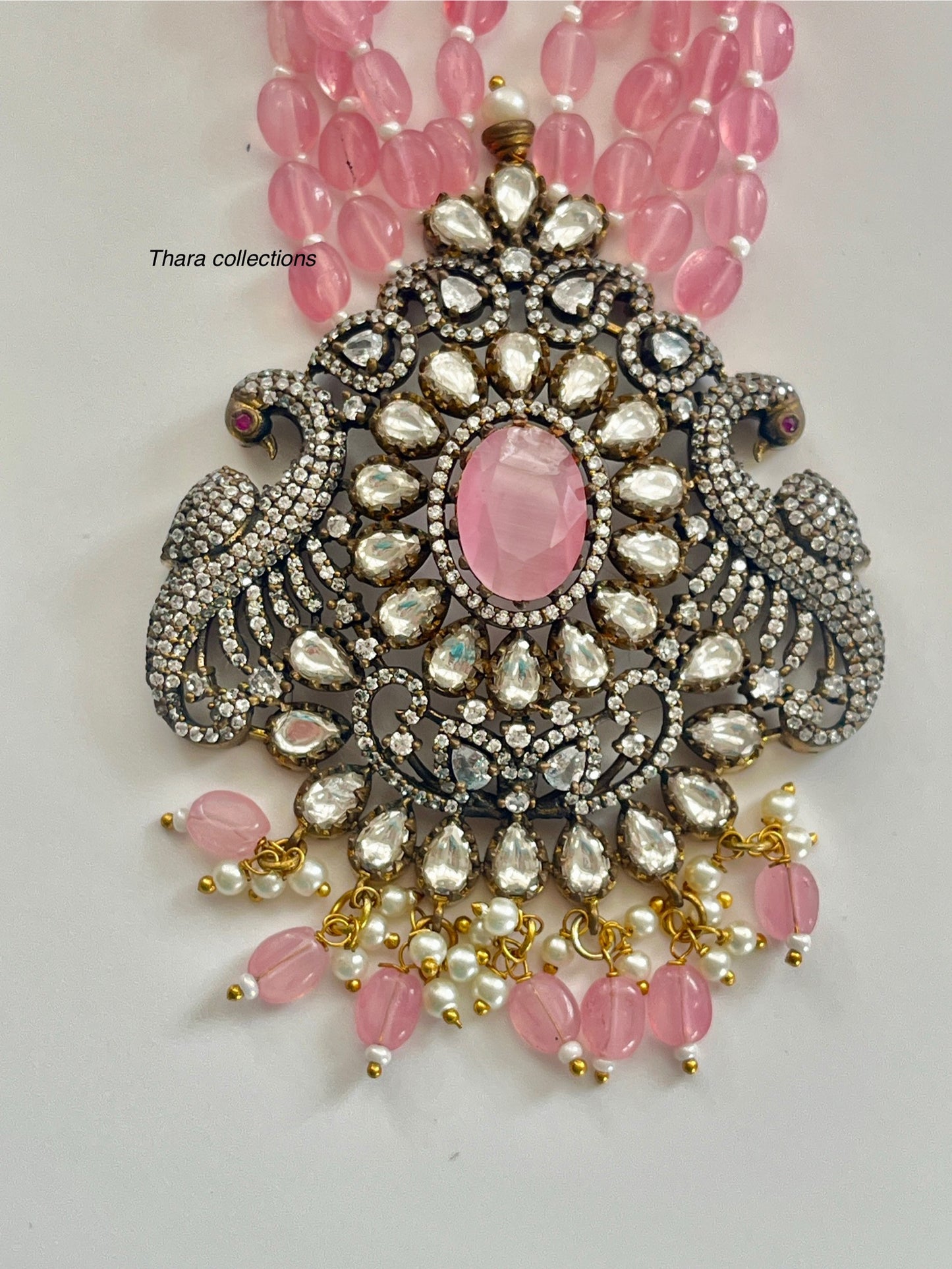 Victorian Pink Beads Necklace Set with Dual Peacock Pendant & Matching Earrings