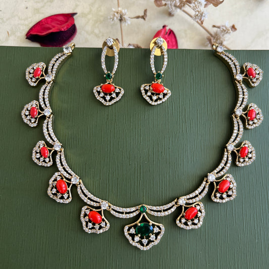 Radiant White Stone Necklace with Red and Green Emerald – A Timeless Statement