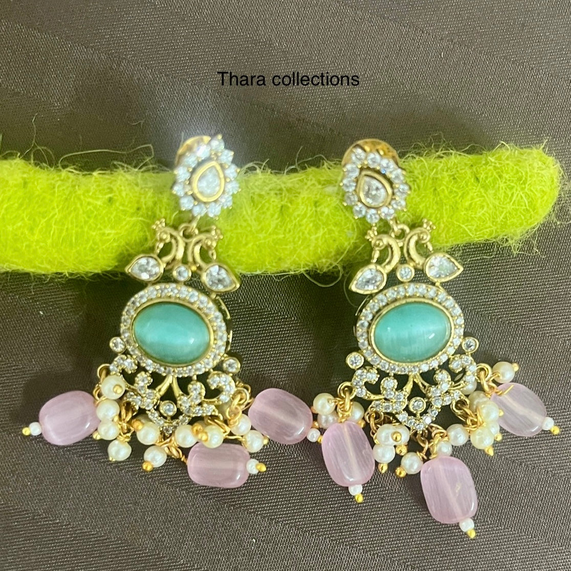 CZ Kundan Choker Set – Aqua & Pink Beads with Pearl Accents