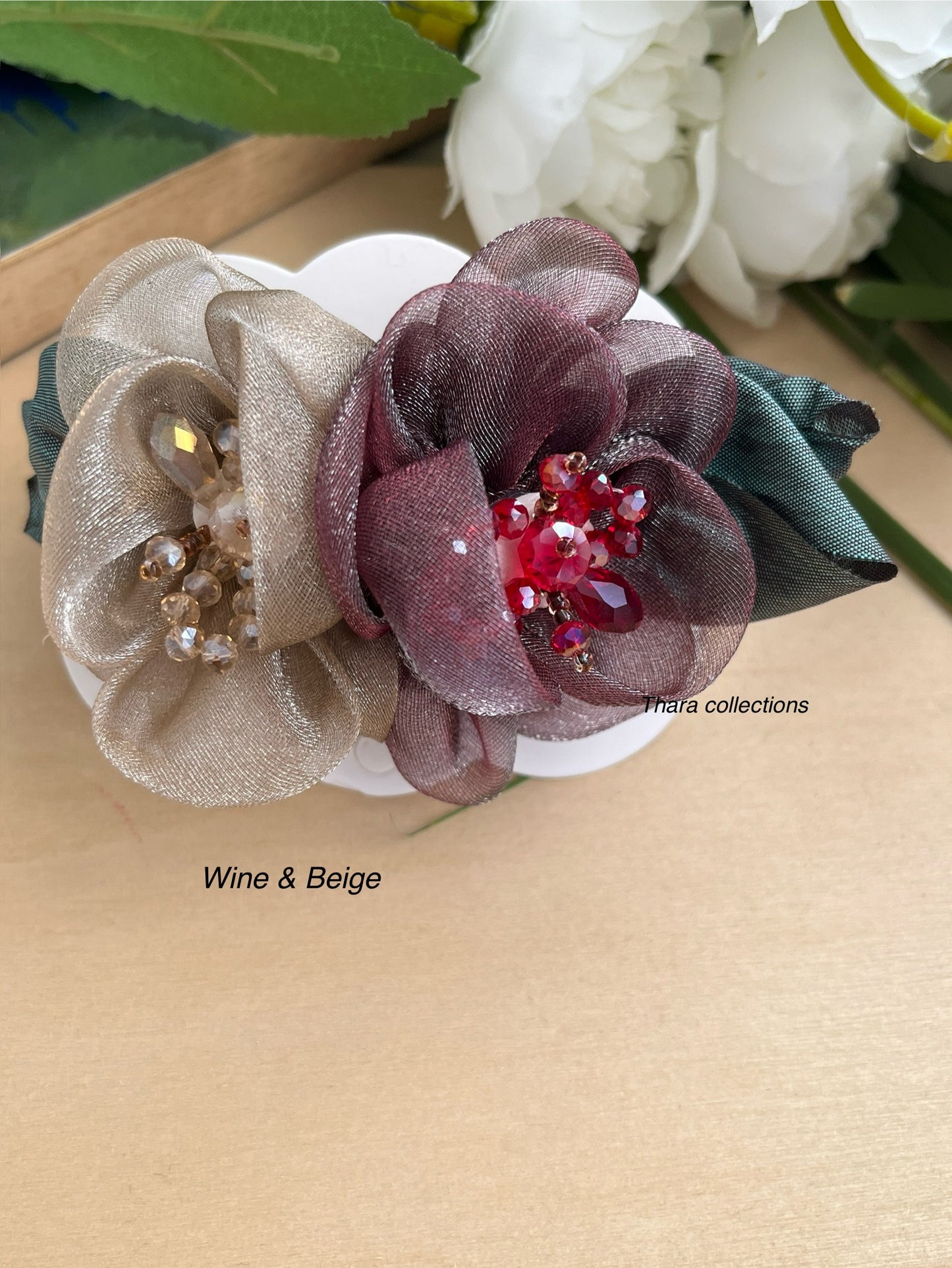 Petal Bloom – Leaf Accent Double Flower Hair Clip
