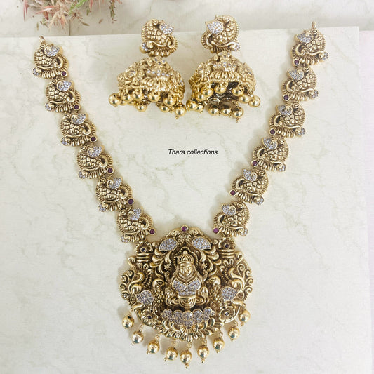 Antique Lakshmi Peacock Motif Temple Necklace Set