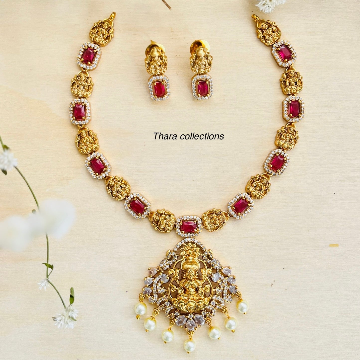 Grand Lakshmi Pendant Temple Necklace Set - Red