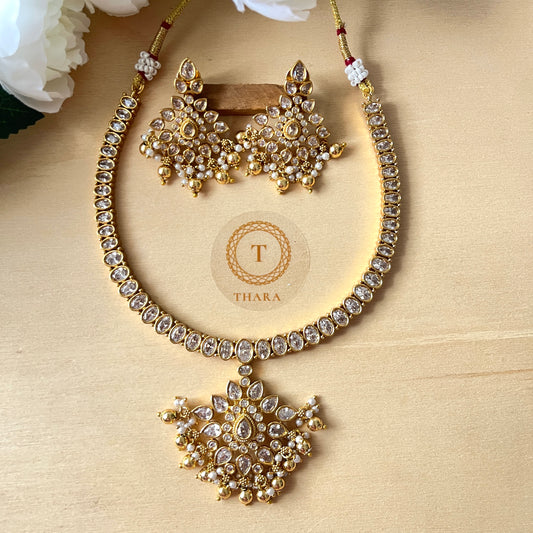 Elegant AD Stone Choker Necklace Set with Pearl Drops