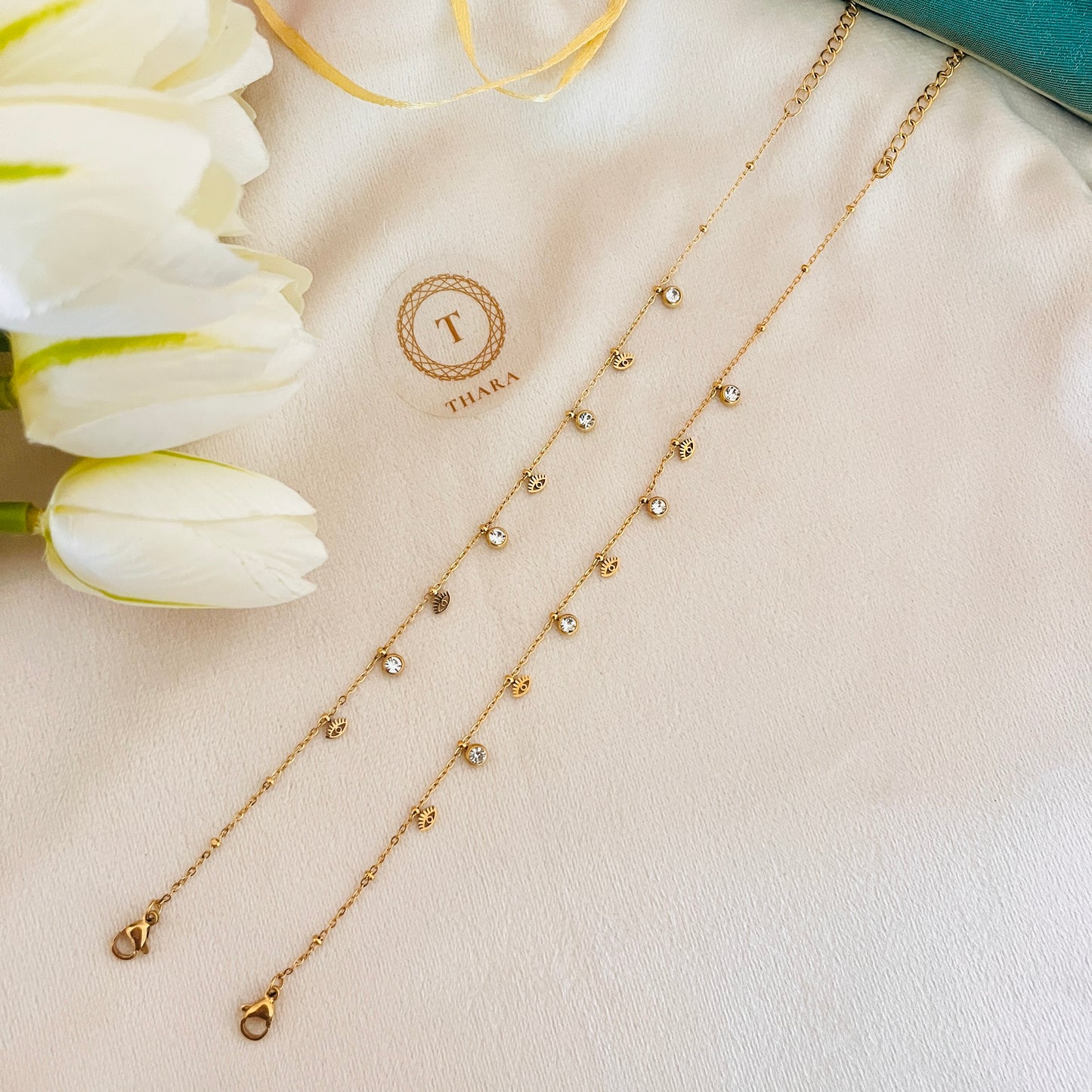 Evil Eye Charm Minimal Anklet - Adjustable Size