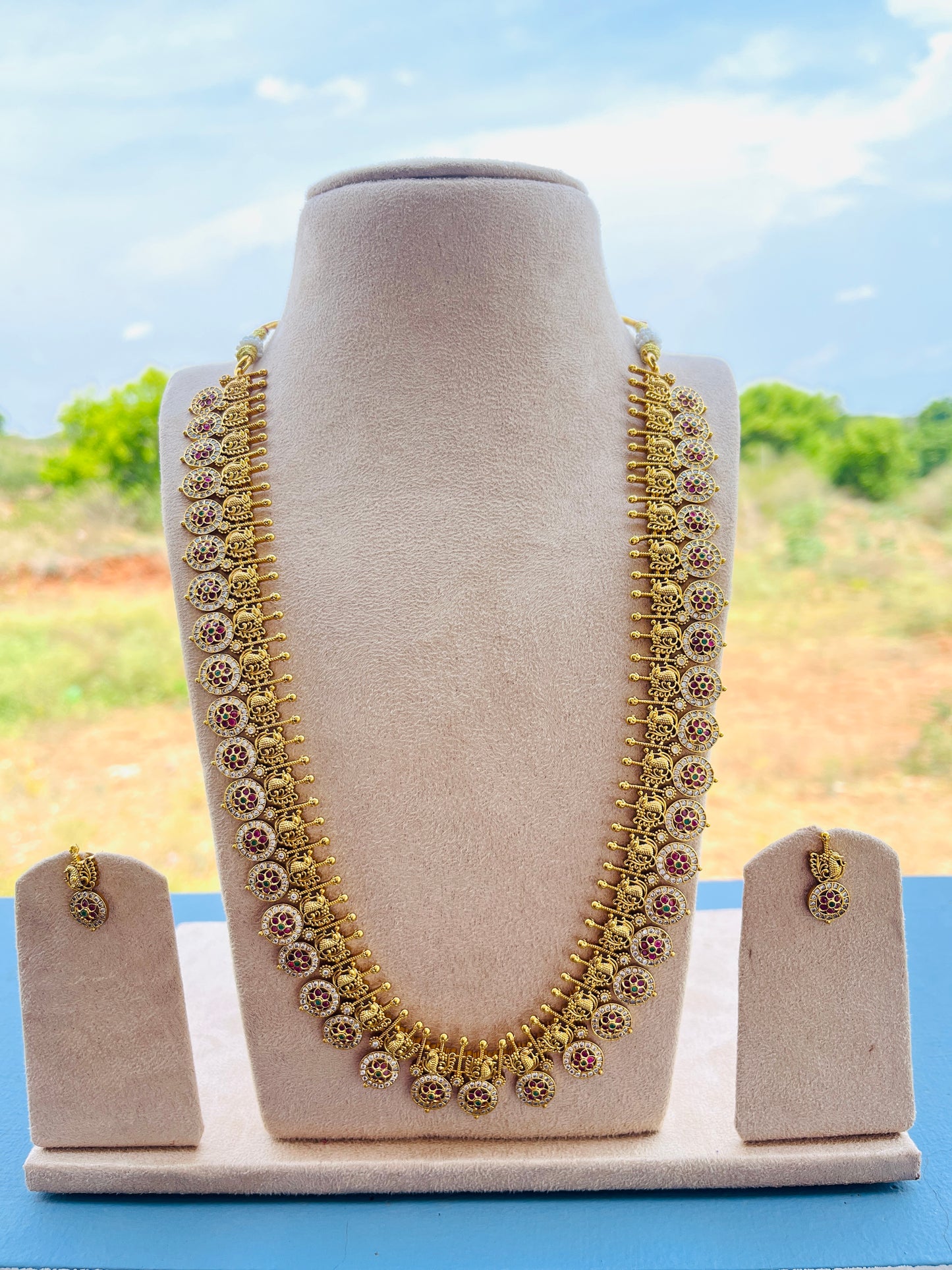 Traditional Lakshmi Coin Long Necklace Set with Earrings