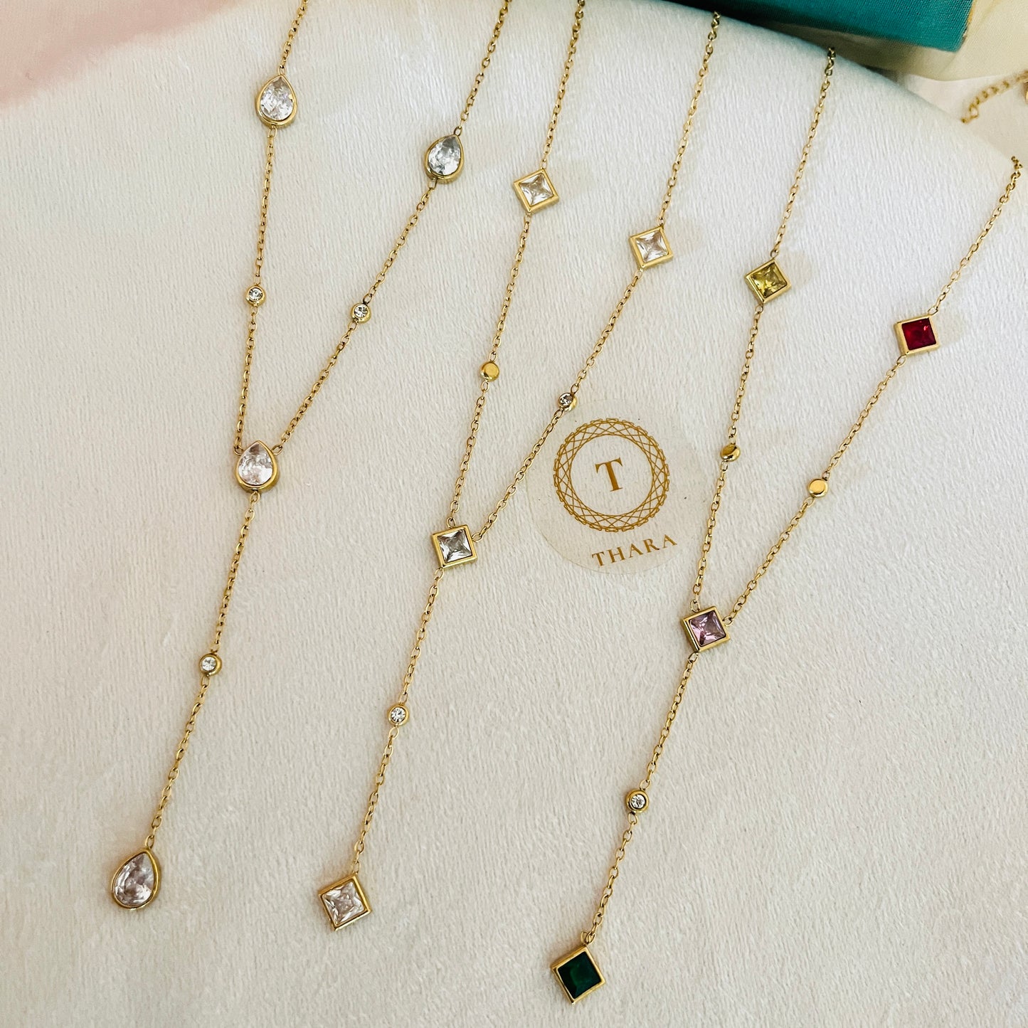 Geometric Crystal Drop Chain Necklace – Dainty Adjustable Chain