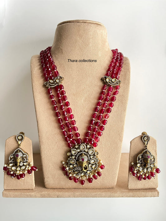 Regal Victorian Ruby Beads Necklace with Ganesha Pendant