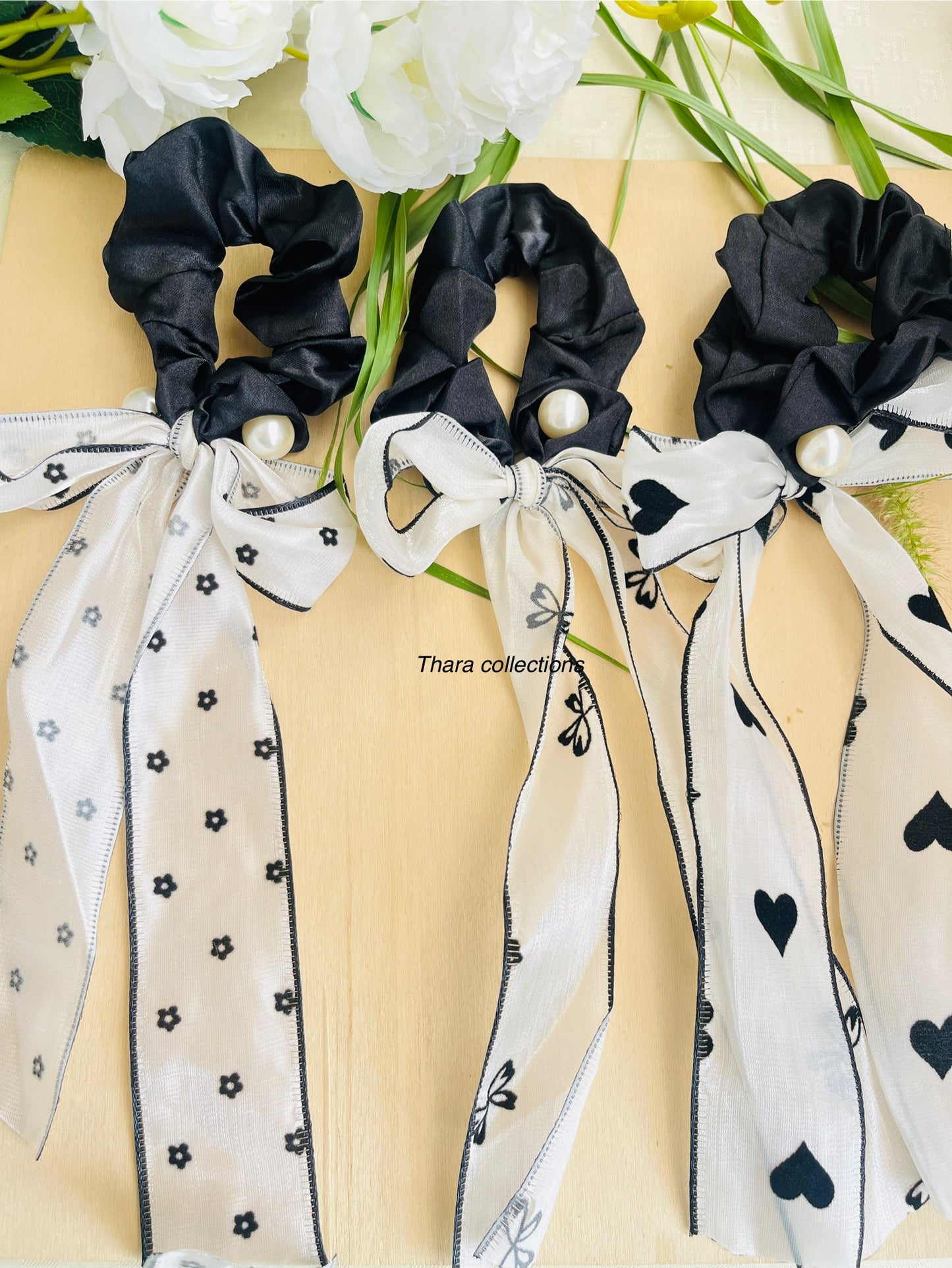 Black with White Pearl bow Ribbon type Scrunchie
