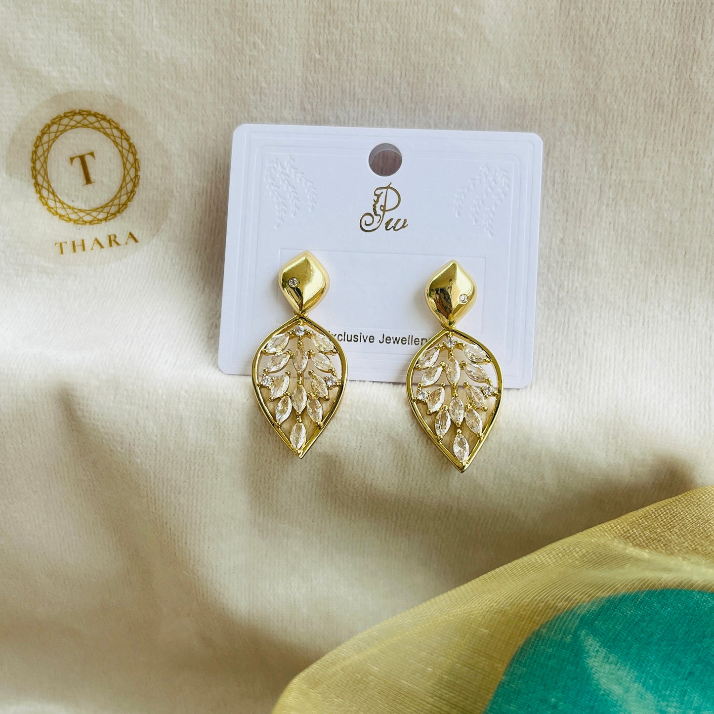 Crystal Leaf Gold Dangle Earrings
