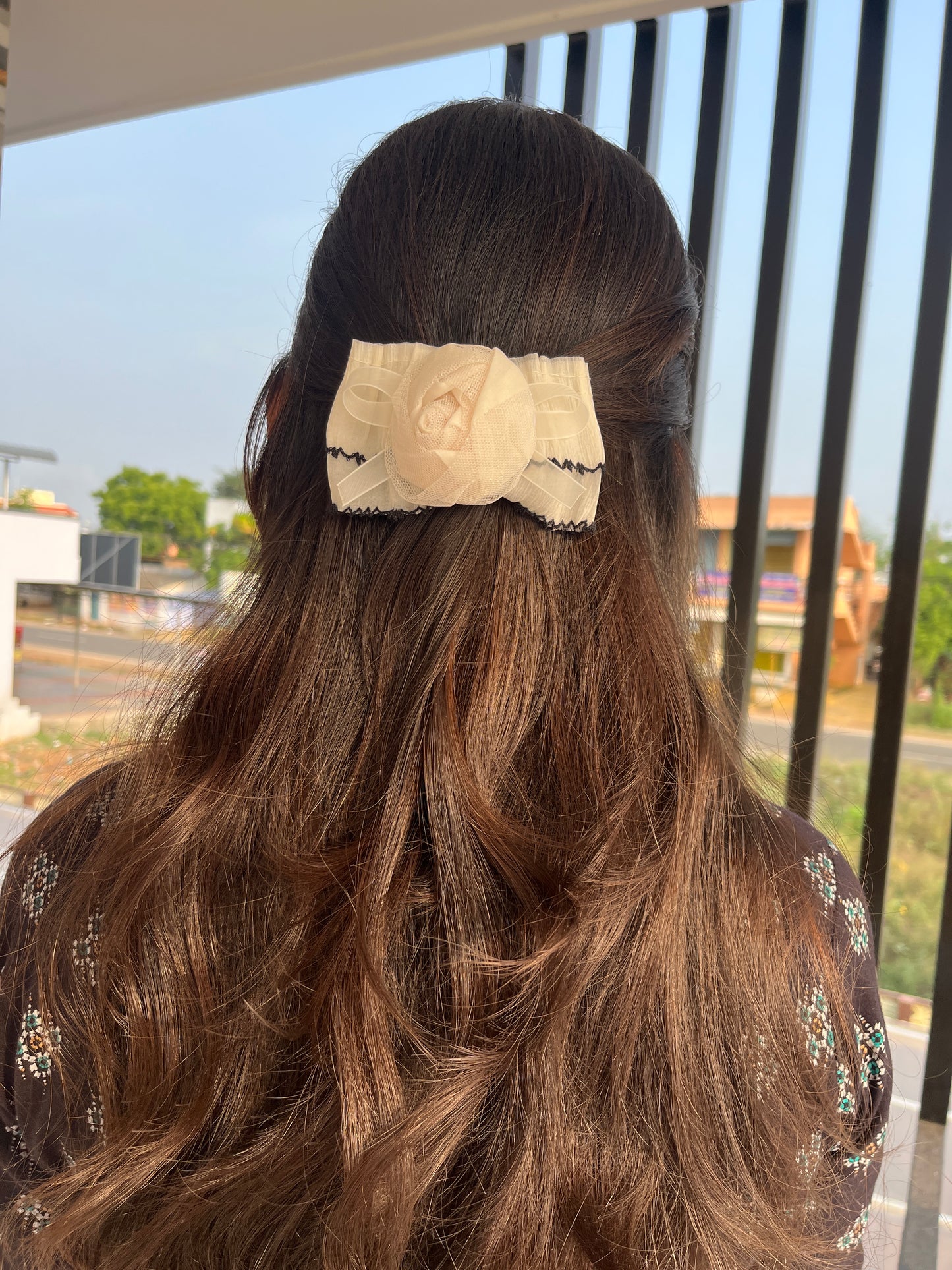 Textured Pleated Bow Clips with Net Rose Center