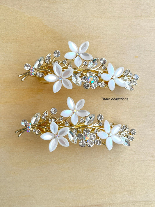 Floral Crystal Hair Barrette – Elegant Gold Finish