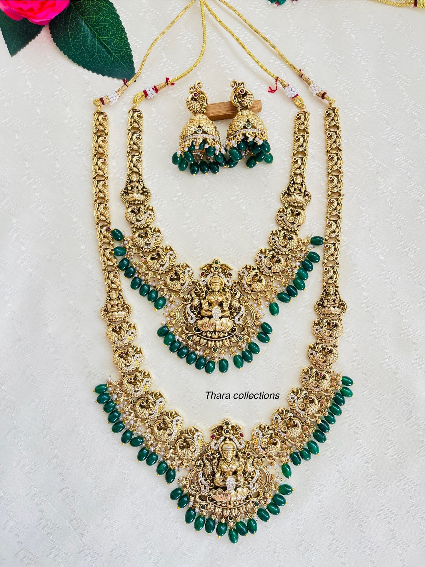 Grand Lakshmi Semi Bridal Set – Gold Plated with Green Beads