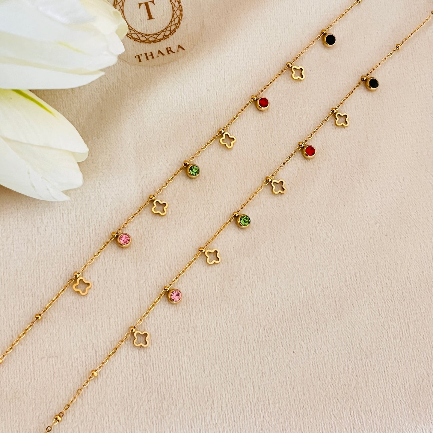 Clover Charm Multicolor Stone Minimal Anklet - Adjustable