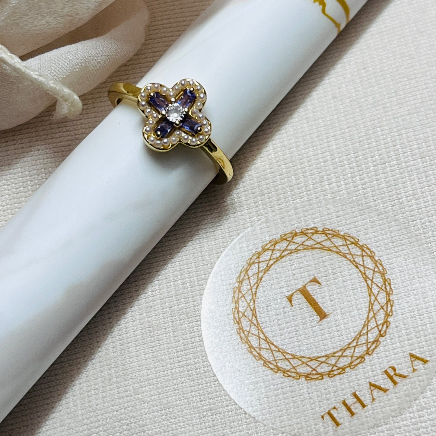 Purple pearl Clover Antitarnish Ring