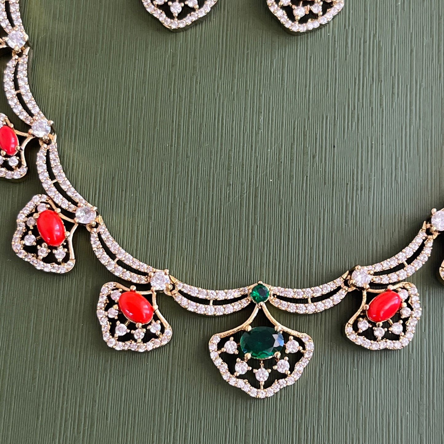 Radiant White Stone Necklace with Red and Green Emerald – A Timeless Statement