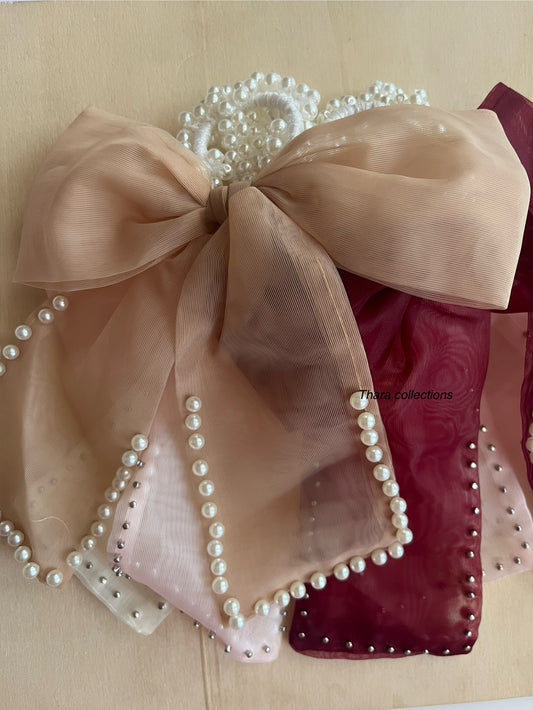 Elegant Pearl-Embellished Organza Bow Hair Tie (For Kids & Adults)