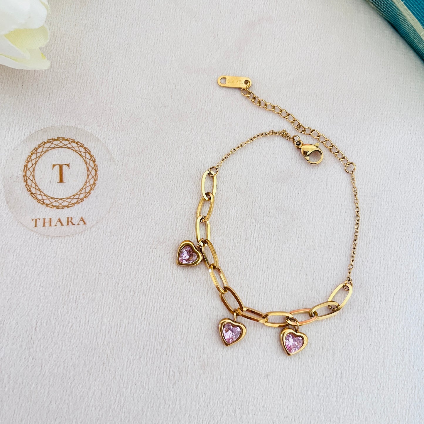 Pink Heart Dangling Chain Bracelet