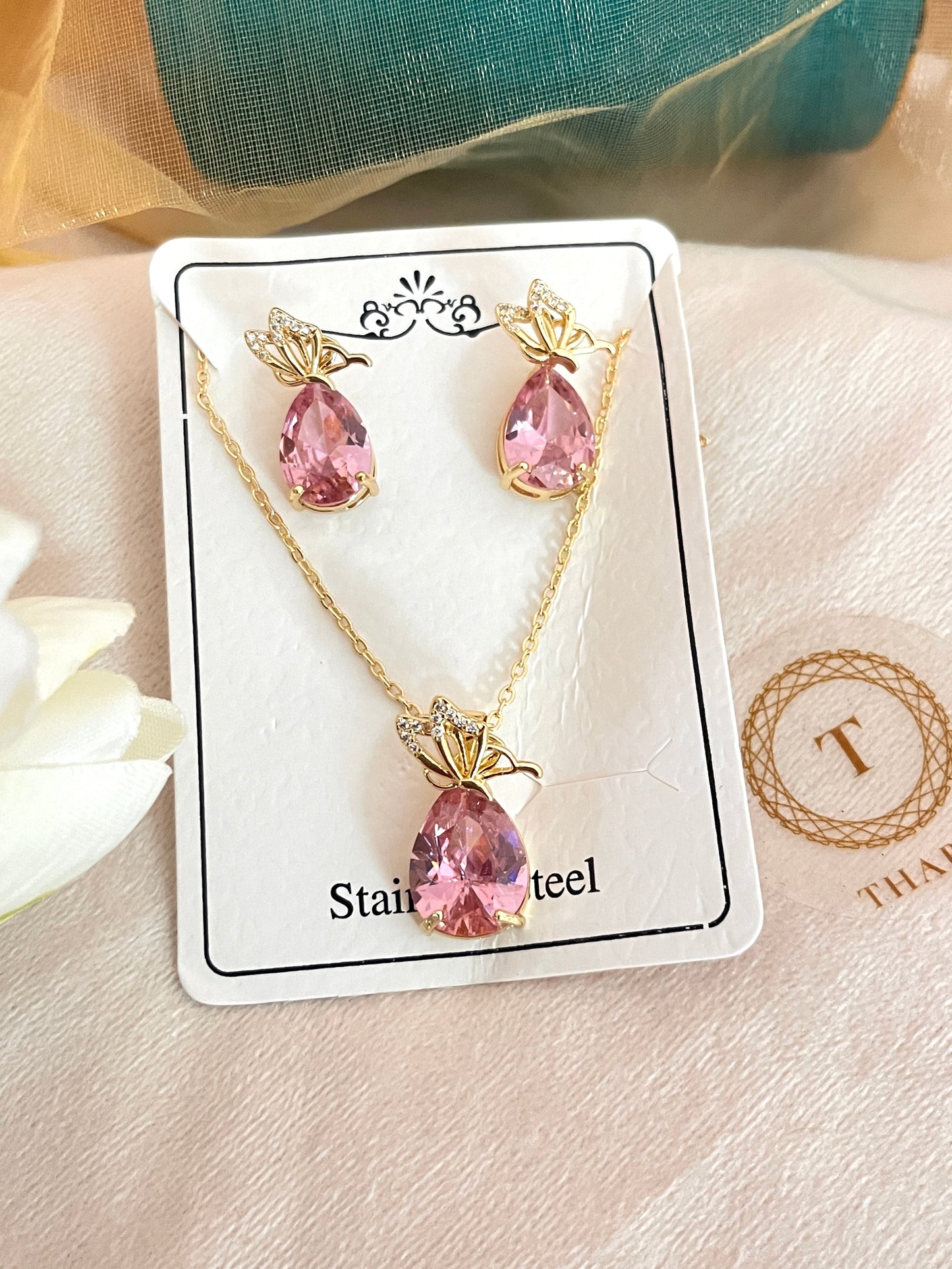 Pink Pearl TearDrop With Butterfly Pendant Chain with Earrings