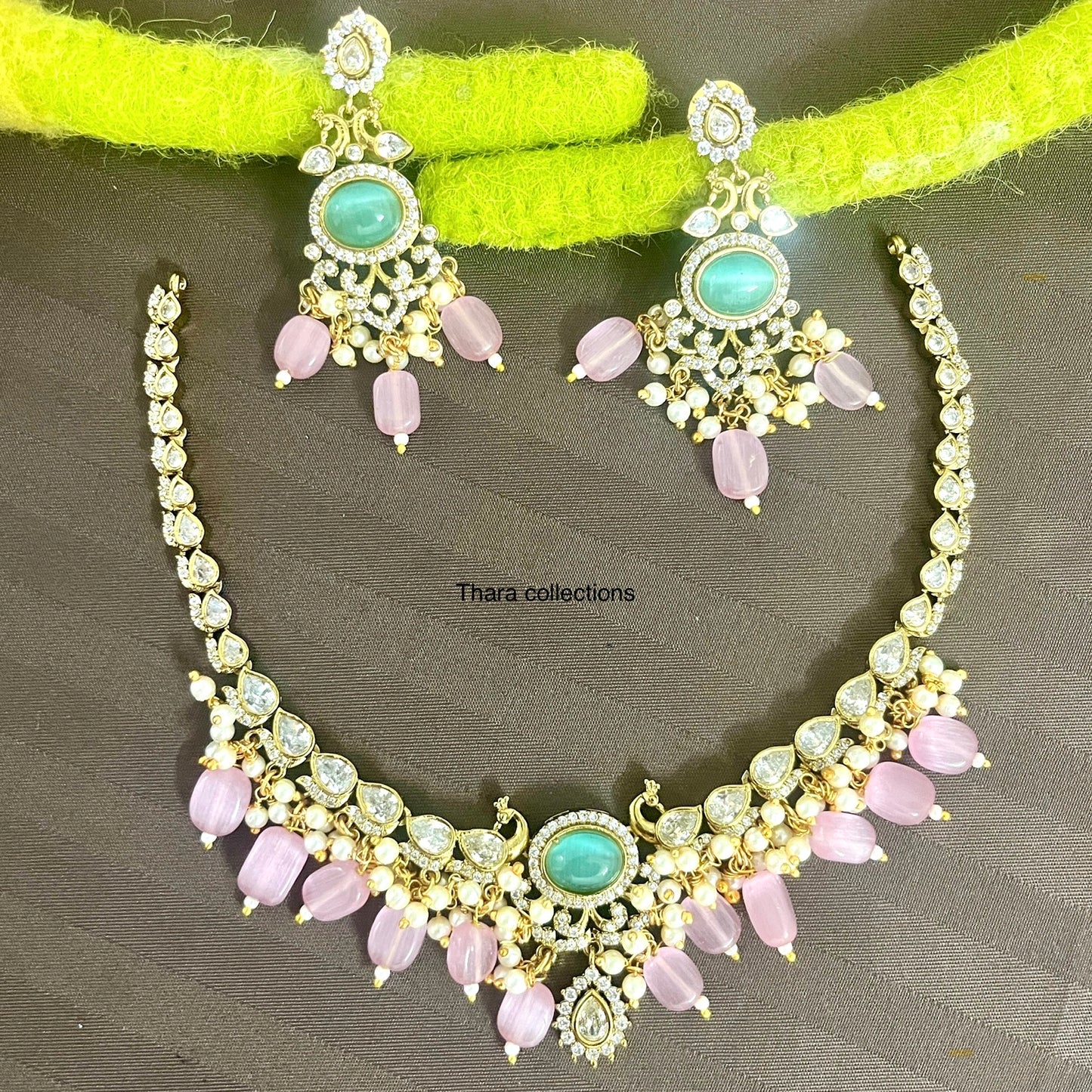 CZ Kundan Choker Set – Aqua & Pink Beads with Pearl Accents
