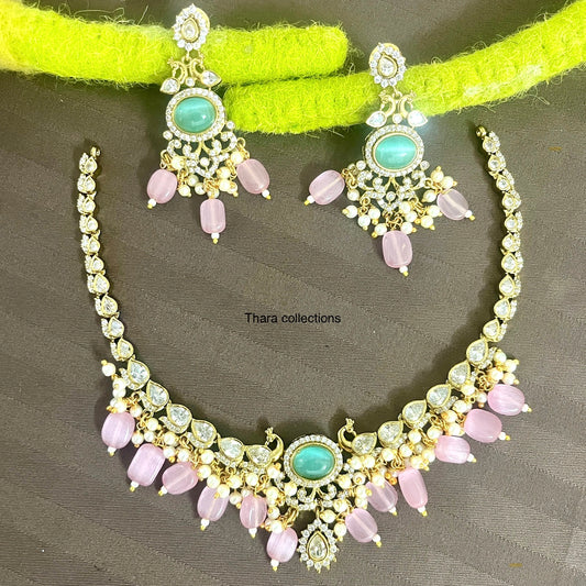 CZ Kundan Choker Set – Aqua & Pink Beads with Pearl Accents
