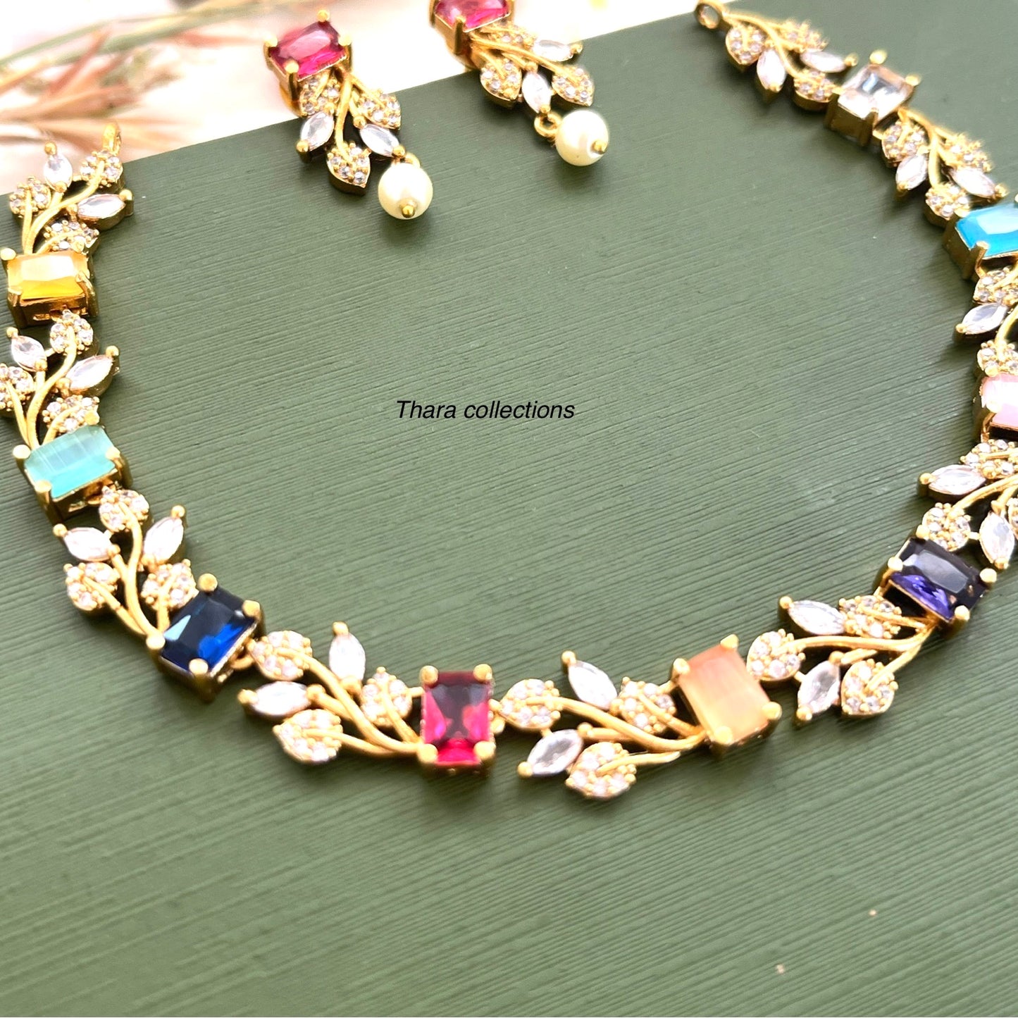 Elegant Multicolor Stone Necklace & Earring Set – Gold Finish