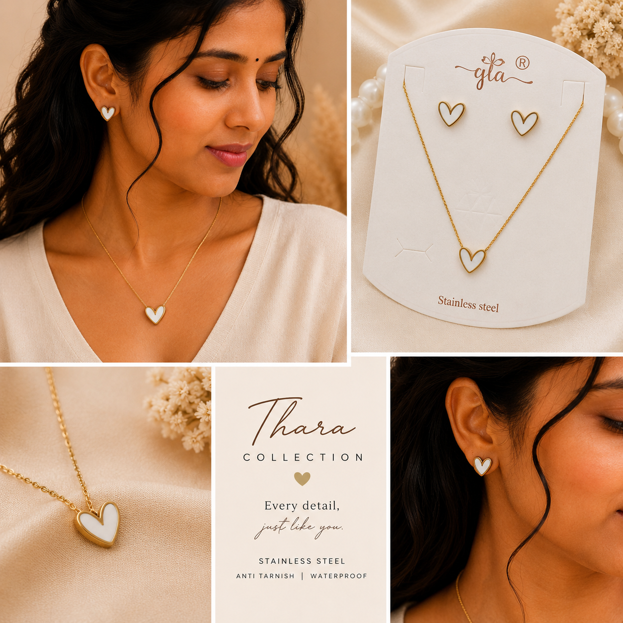 Thara Collections TA128 white heart pendant earring combo jewellery set flat lay image
