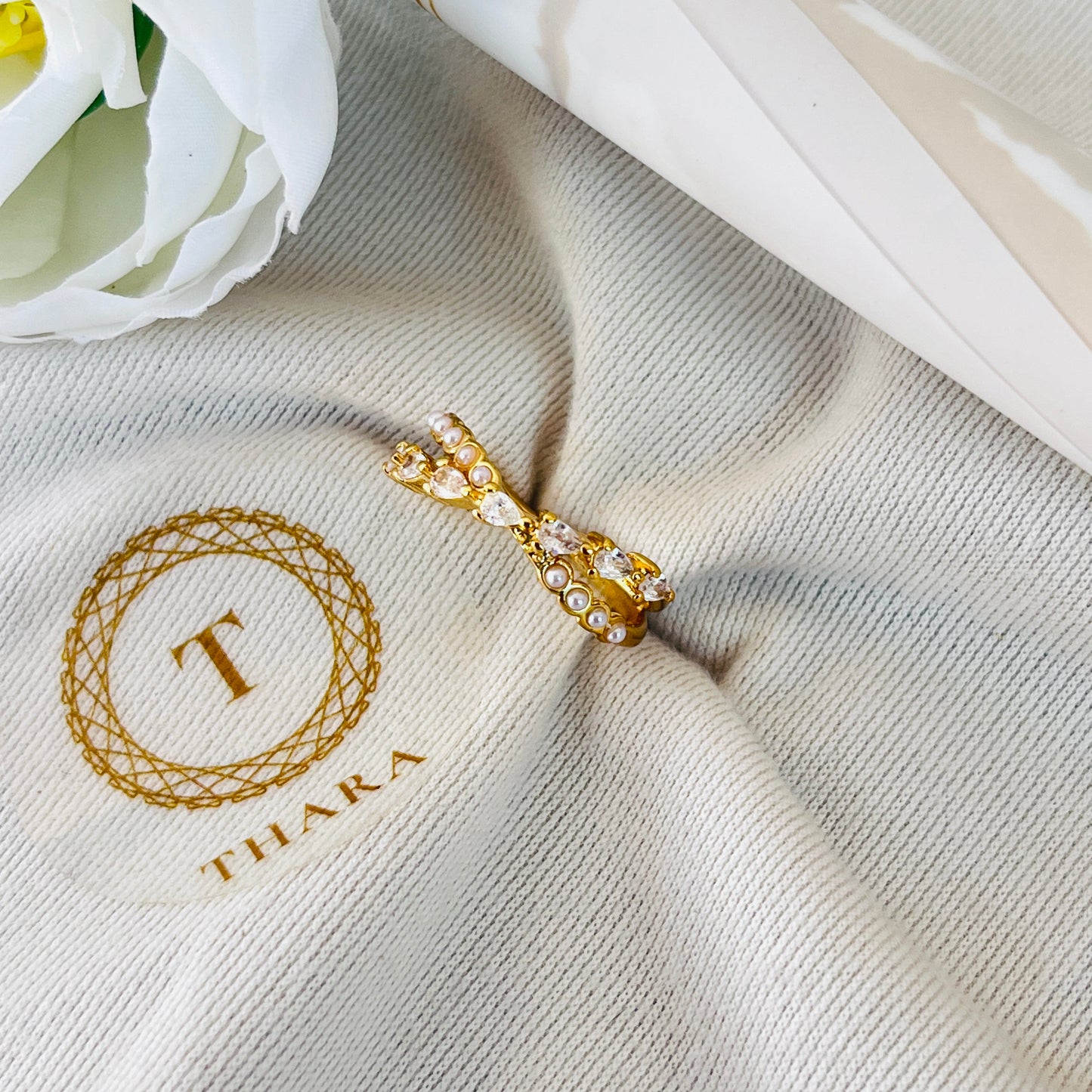 Cross Stone & Pearl Antitarnish Ring