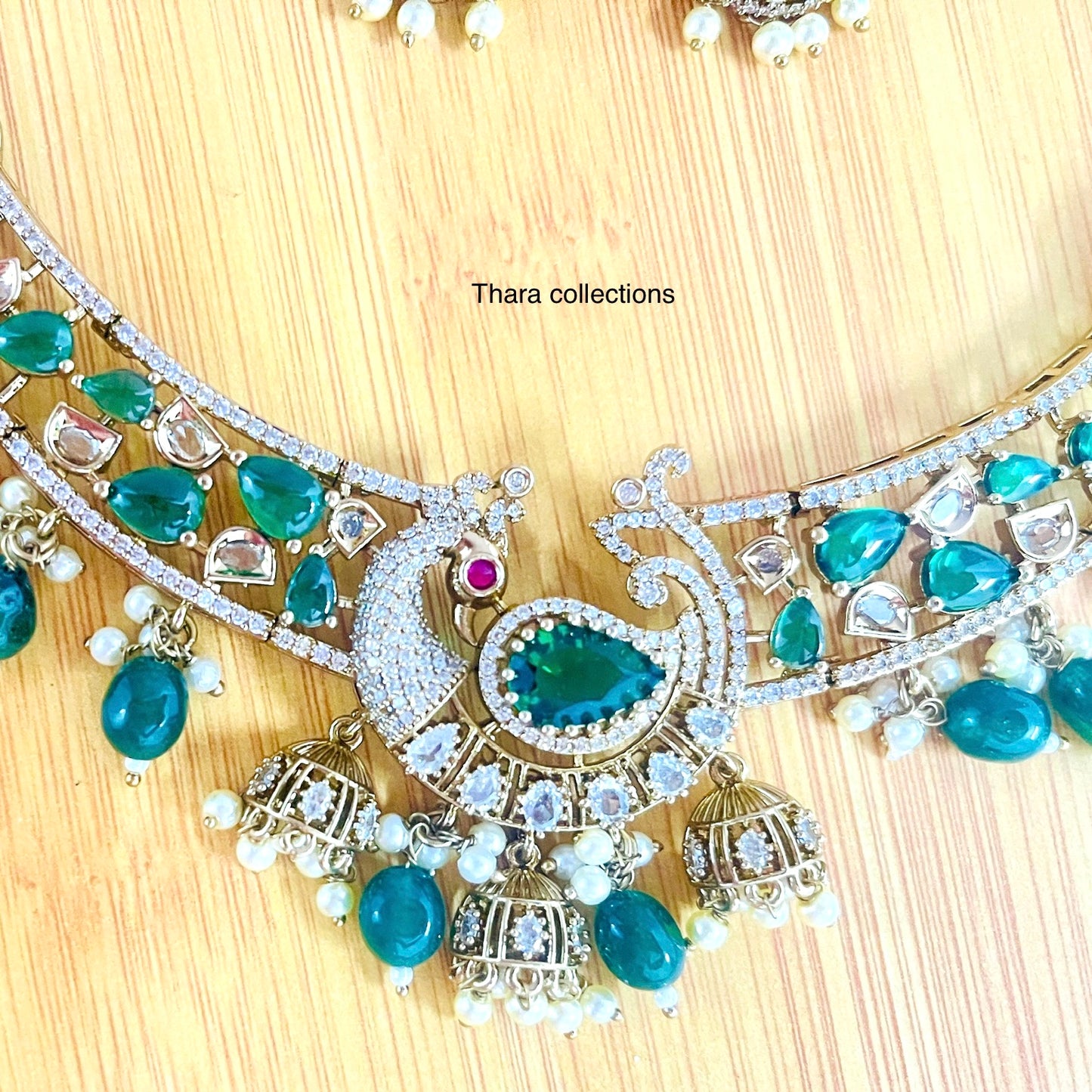 Peacock CZ Kundan Choker Set – Emerald & Pearl Accents