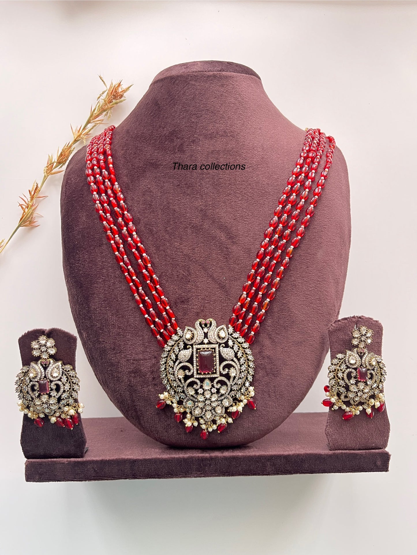 Regal Red Victorian Beads Necklace Set with Oxidized Silver Pendant & Matching Earrings