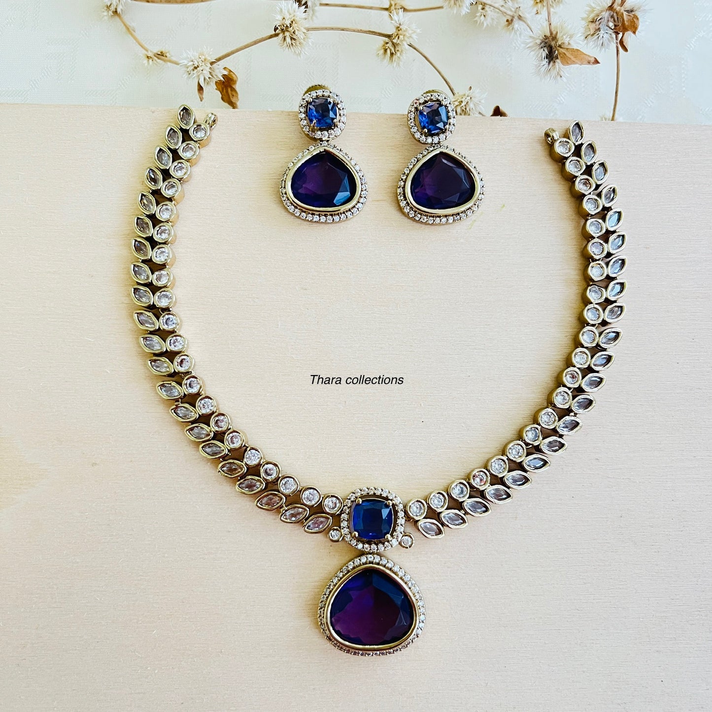 Amethyst Sparkle Party Wear Necklace Set - Dark Blue