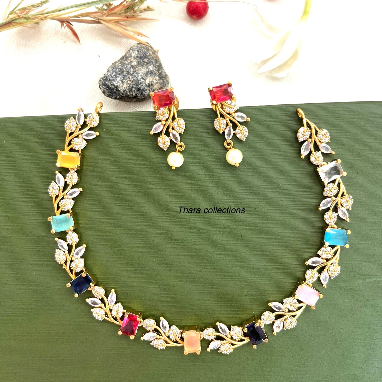 Elegant Multicolor Stone Necklace & Earring Set – Gold Finish
